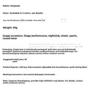 Quick-dry polyester cap technical specs showing 58cm circumference and soft top detail