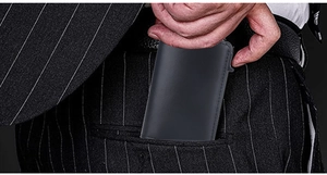 Slim RFID minimalist wallet in black leather shown inside a suit back pocket for business use