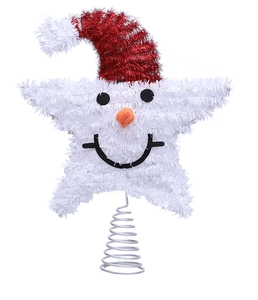 Detail of white snowman star tree topper with a red Santa hat and metal spring base