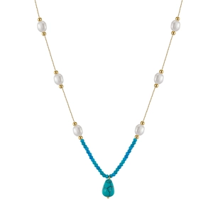 Bohemian necklace with freshwater pearls, blue beads and turquoise waterdrop pendant