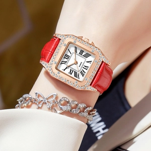 Elegant ladies square quartz watch with rose gold diamond case and red leather strap
