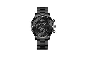 Detalle de reloj cronógrafo negro para hombre con tres esferas secundarias y correa metálica