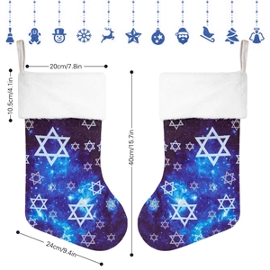Blue Hanukkah stocking with Star of David patterns and plush white cuff details
