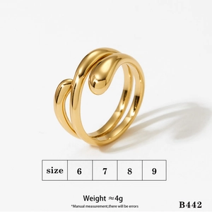 Detail view of gold double-row water drop ring with size 6-9 and weight specifications