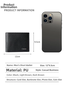 Short men's black PU leather wallet with lychee grain texture and metal decoration