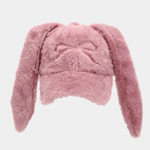Soft plush pink baseball cap featuring long rabbit ears and an embroidered bow