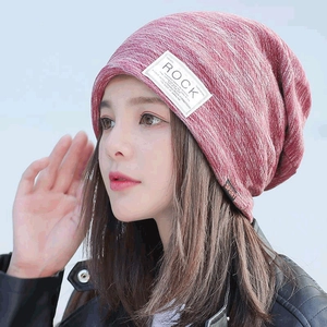 Women red knitted slouchy beanie with ROCK label and warm windproof thermal fabric
