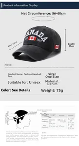 Size chart for washed denim baseball cap with 56-60cm circumference and measurement guide