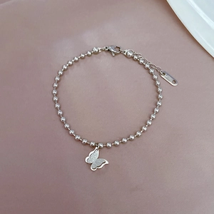 Minimalist titanium steel butterfly charm bracelet with round bead chain in silver finish