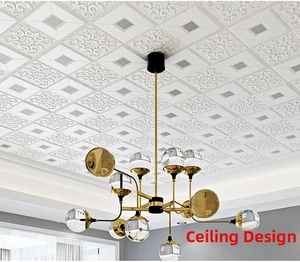 Close-up of 3D embossed floral ceiling tiles with a modern glass globe chandelier