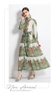 Detail of vintage palace style print dress with stand collar and button-up front