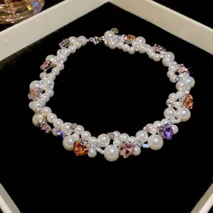 Heart Crystal Imitation Artificial Pearl Beaded Necklace Copper Rhinestone Clavicle Chain Elegant Sweet Vintage Jewelry Women
