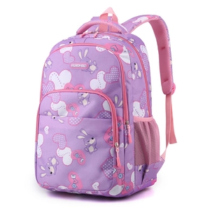 Purple ergonomic school backpack for girls with cute cartoon rabbit and heart patterns