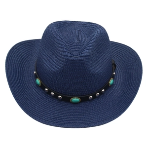 Dark blue straw cowboy hat with turquoise beads and metallic rivets in ethnic style