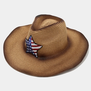 Brown straw cowboy hat with American flag star patch and gradient vintage brim style