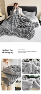 Detail view of silver grey carved rabbit faux fur blanket with thick embossed stripes