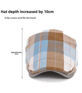 Detail showing vintage plaid flat cap texture and 10cm depth dimension on white background