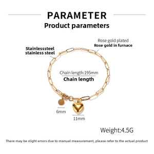 Close-up of heart charm bracelet in rose gold finish with dimensions and steel specs