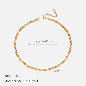 Detail view of a 4mm gold-plated stainless steel Cuban link necklace with product dimensions