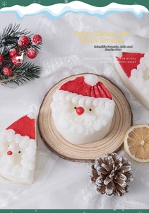Macro detail of a 3D Santa Claus scented candle with festive pine cones and berries decoration