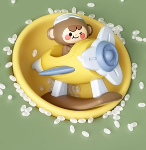 Detail view of a cute monkey pilot in a yellow cartoon airplane toy for babies