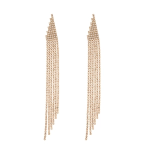 Luxurious geometric tassel drop earrings with sparkling rhinestones in a gold finish