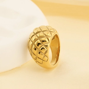 Classic 18K gold plated quilted diamond pattern ring with elegant metallic luster