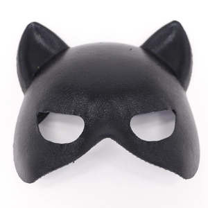 Detailed top view of black faux leather cat ear mask with smooth texture for costumes