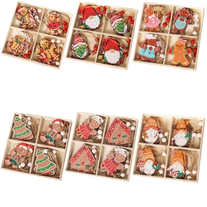 Set of 12 Christmas gingerbread and gnome wooden pendants in a four-grid storage box