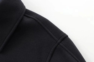 Gros plan du col et des coutures d'épaule montrant la texture de laine du manteau noir