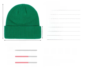 Specifiche dettagliate sulle dimensioni per berretto in maglia verde erba e peso