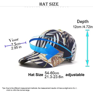 Detailed size chart for tropical leaf print baseball cap with adjustable strap and visor