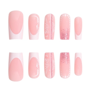 Glossy medium-long square round press-on nails with pink and white gradient floral design