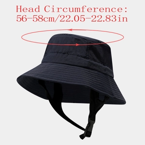 Detail of breathable mesh panel and windproof strap on foldable sun protection bucket hat