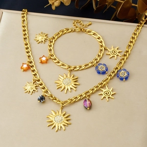 Gold Plated Stainless Steel Necklace Bracelet Sun Star Flower Pendants Rhinestone Acrylic Beads Vintage Fashion Women