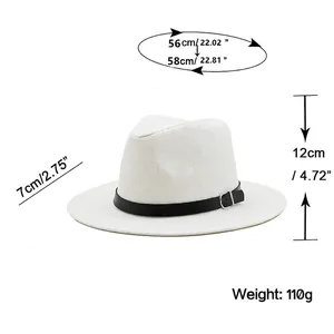Chapeau fedora en paille avec boucle de ceinture et dimensions détaillées de la tête