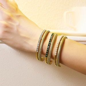 Vintage Gold Stainless Steel Double Layer Open Cuff Bangle Bracelet With Zircon And Artificial Pearl Chevron Texture For Women