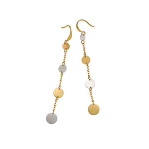 Two-tone gold and silver circular disc tassel long drop earrings in stainless steel