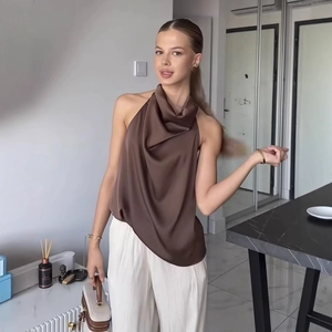 Haut Dos Nu En Satin Élégant Sans Manches Dos Nu Col Bénitier Couleur Unie Blouse De Fête Coupe Ajustée Pour Femmes