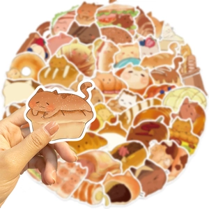 Close-up of cute cartoon cat-themed stickers featuring creative cat bread and pastry designs