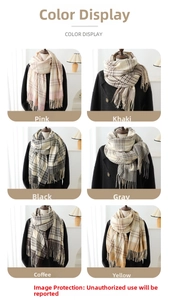 Detailed grid layout showing six color options of plaid cashmere-feel scarves with tassels