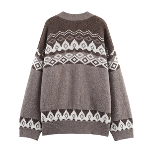 Loose knit oversized cardigan for women with vintage geometric jacquard pattern on the back