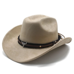 Beige felt western cowboy hat with brown leather band and silver bull head ornament