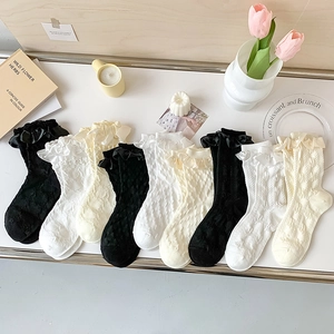 Lolita Ruffle Socks For Women Girls Cotton Blend Sweet Japanese JK Uniform Style Lace Trim Bowknot Mid-Calf Textured Knit