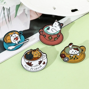 Detailed set of four creative cat in coffee cup enamel pins in various colors