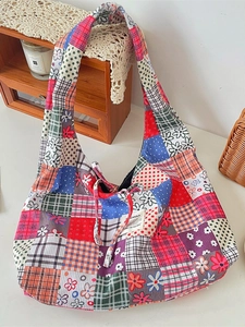 Japanese patchwork canvas tote bag with floral patterns and Zakka style label for women