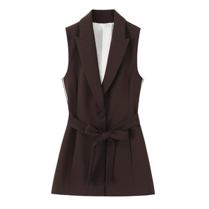 Chic dark brown sleeveless vest suit with waist tie design and straight leg trousers