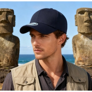 Profile view of a man wearing a navy blue baseball cap with a circular side logo patch