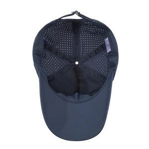 Navy blue quick-dry baseball cap with laser-cut ventilation holes and mesh sweatband