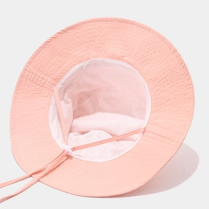 Pink wide-brim sun hat for women with mesh lining and adjustable windproof cord